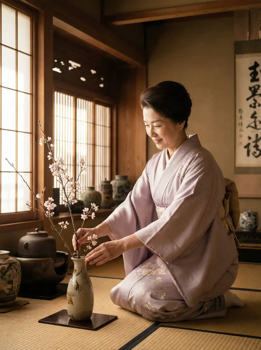 一位优雅的 情侣视频 在和室中插花